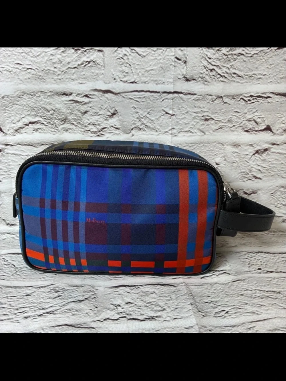 Mulberry Red and Blue Plaid Leather-Trim Toiletry Bag